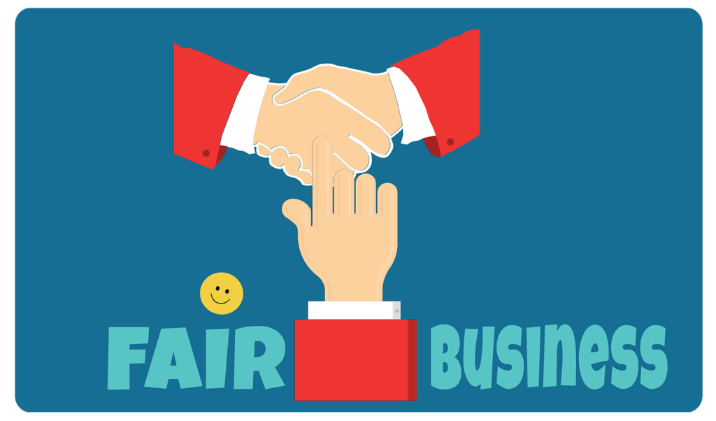 gezeichnetes Bild auf dem drei Händ ezu sehen sind. Zwei Personen geben sich die Hand, eine dritte zeigt auf die Hände der beiden anderen. Außerdem gibt es einen Schriftzug "Fair Business".