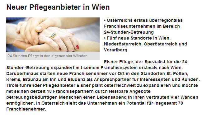 Artikel in der Wiener Bezirkszeitung über Elsner als neuen Pflegeanbieter in Wien.